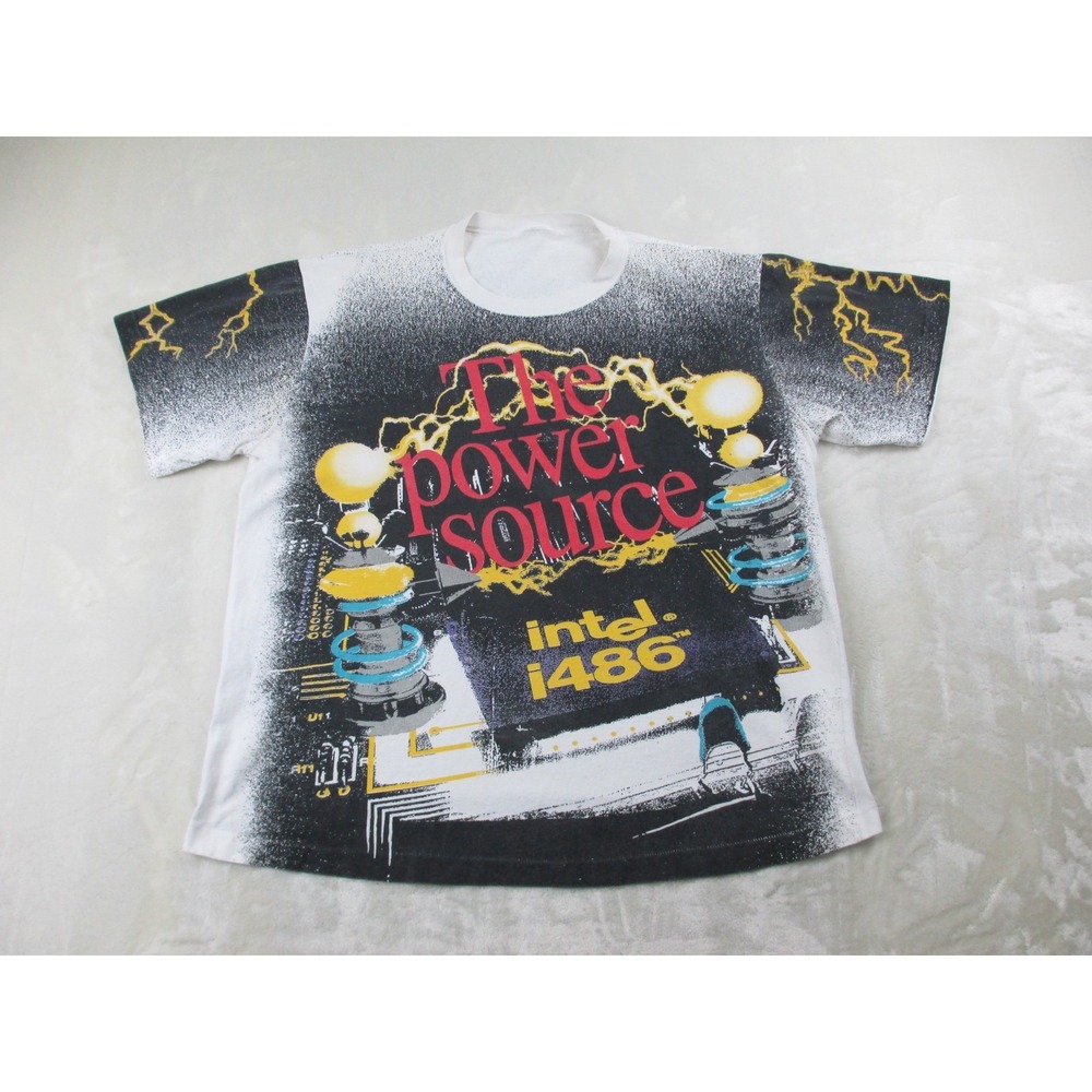 VINTAGE Intel i486‎ Shirt Mens Extra Large White The Power Source Computer AOP*